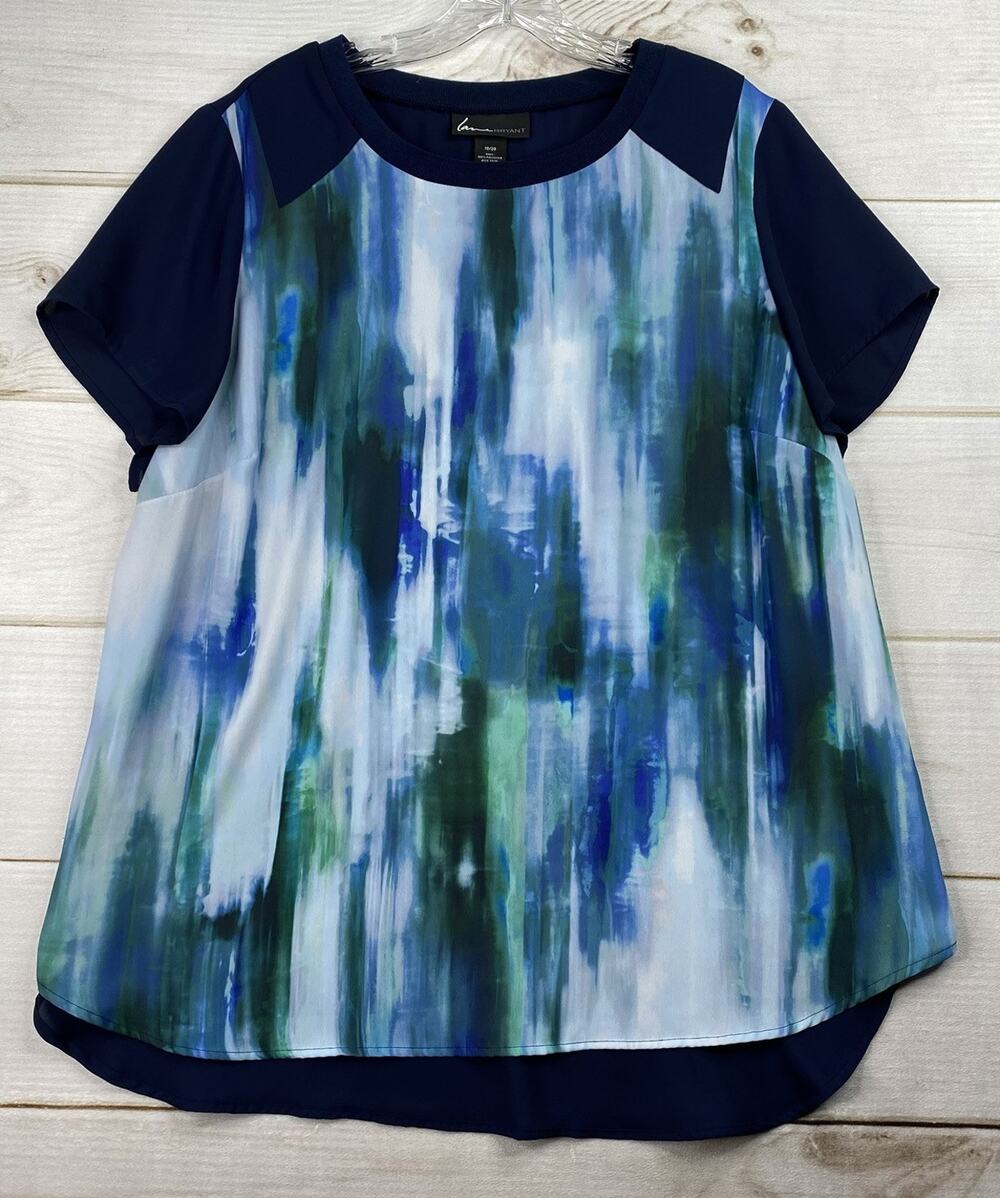 Lane Bryant Top Womens 18/20 Blue Watercolor Short Sleeve Lightweight Flowy Art